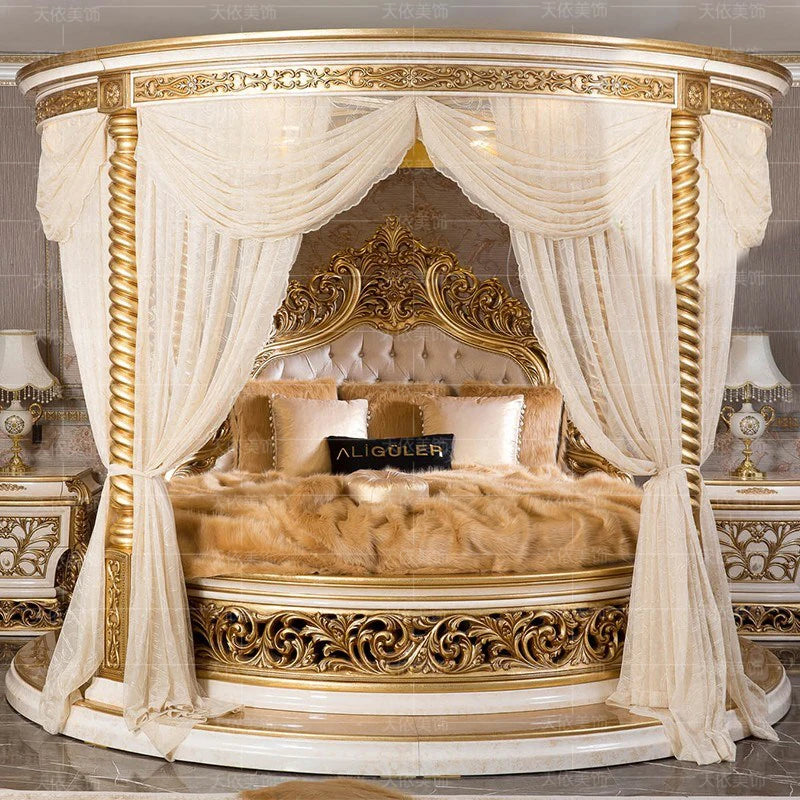 European Luxury Round Bed Castle Wood Bedroom Wedding Double Bed Comfortable Adult High Quality Letto Matrimoniale Furniture