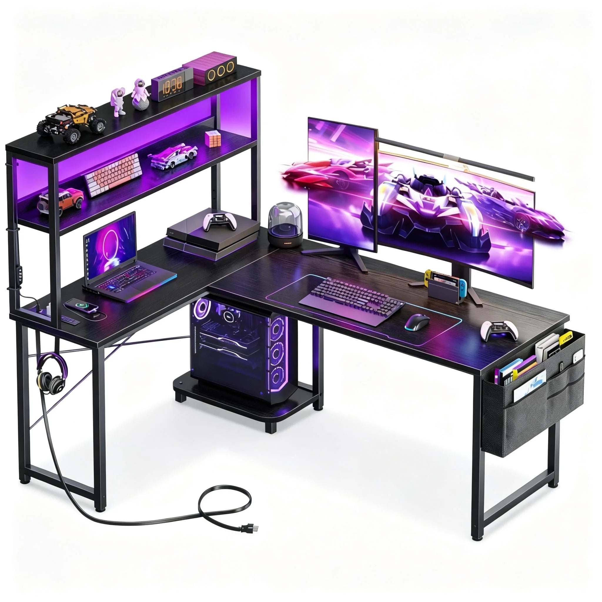 L Shaped Gaming Desk with Power Outlets & LED Lights, Corner Desk with Monitor Stand for Home Office, Space-Saving