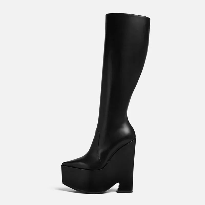 2025 New black platform knee high boots fashion Pointed toe skinny calf knee high boots Side zipper Riding boots
