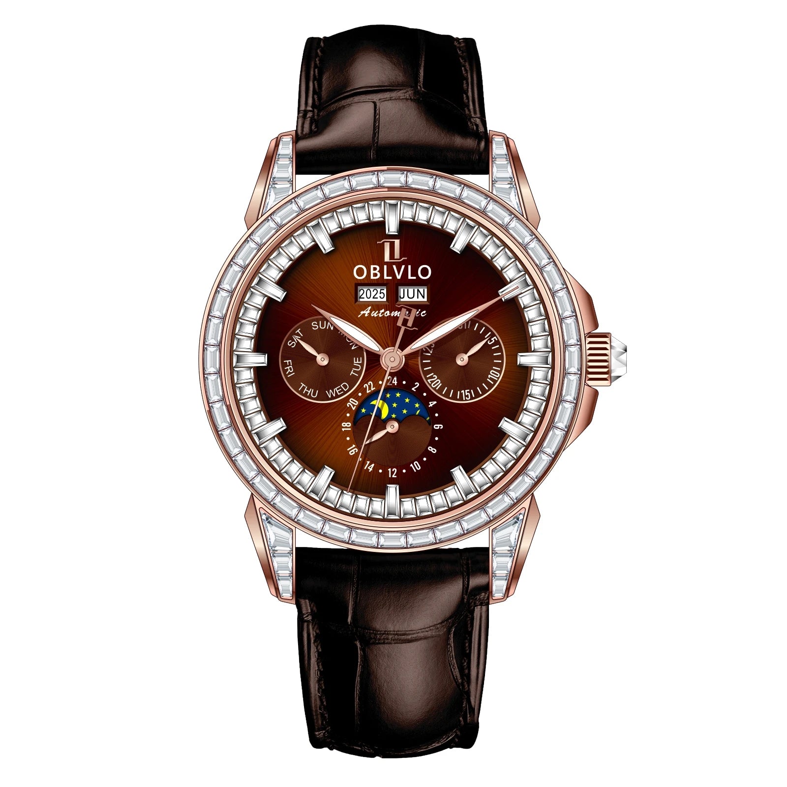 Moonphase Automatic Leather Strap Watch Complete Calendar — Red | KIMLUD