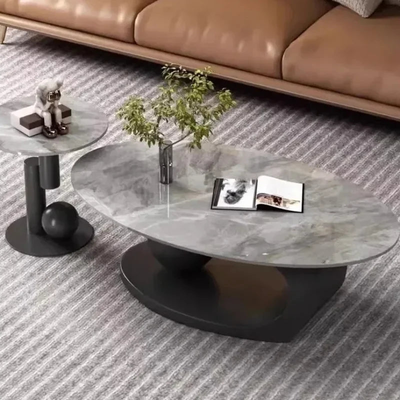 Slate Metal Coffee Table Italian Oval Form With Marble-Like Top — Ivory | KIMLUD