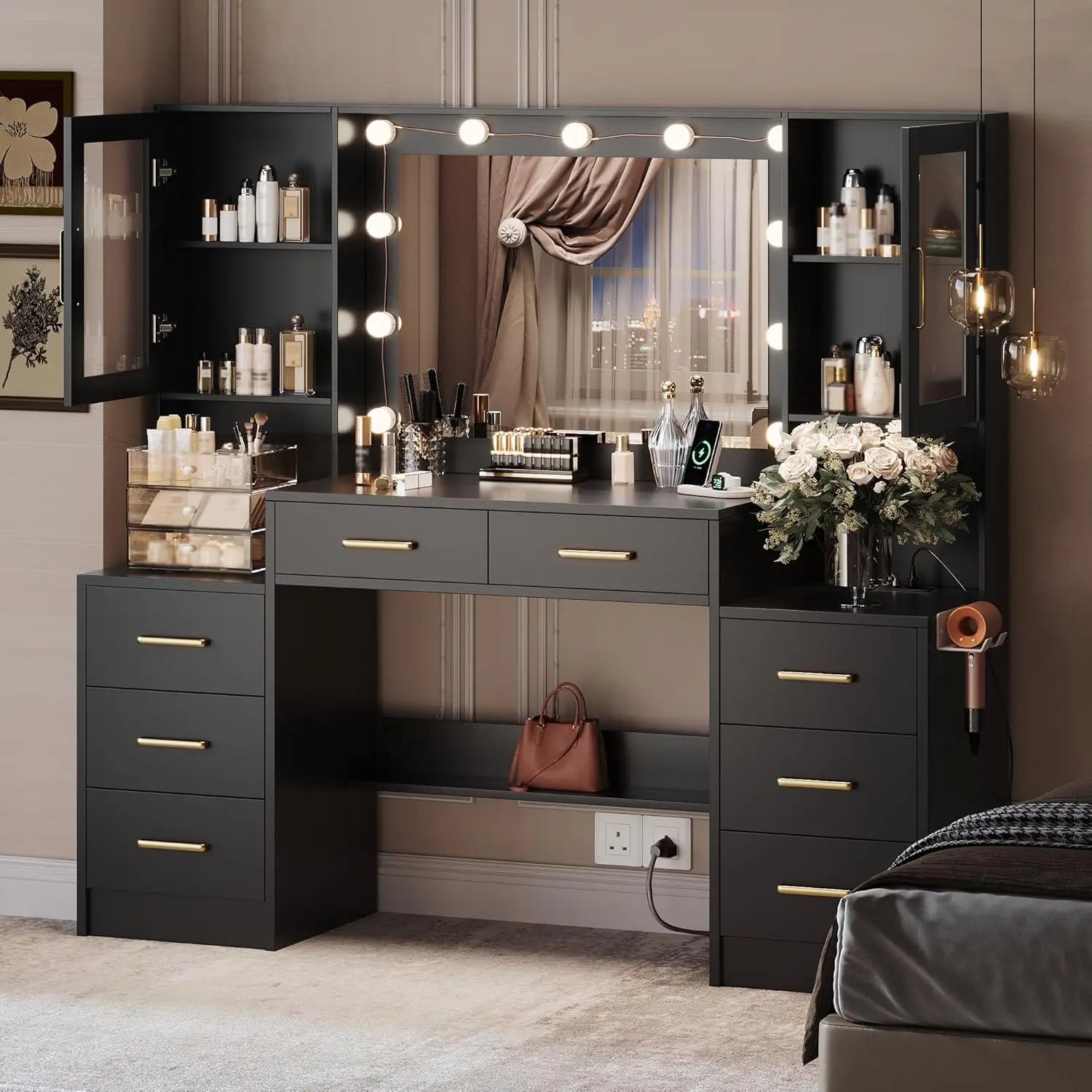 Makeup Vanity Desk with Mirror and Lights, 58.3" Makeup Vanity with Lights & Charging Station, Dressing Table, Customized