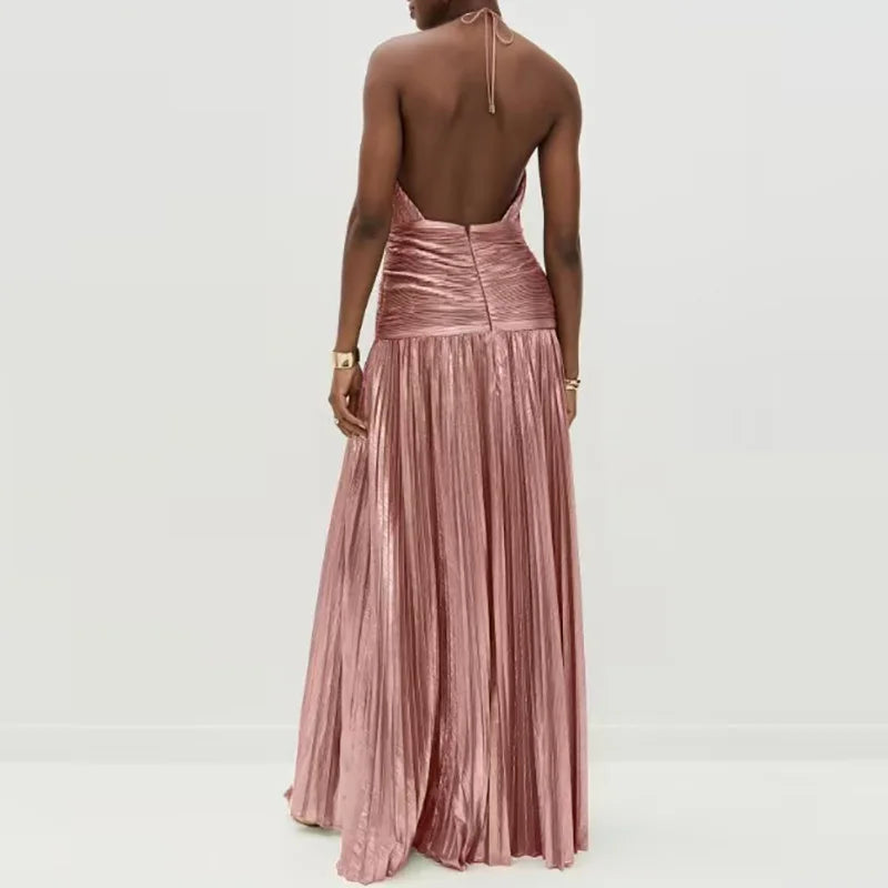 Gold Sexy Halter High Split Gowns Evening Dress Woman Chic Solid Hollow Pleated Long Dress Spring Summer Backless Zip Maxi Dress