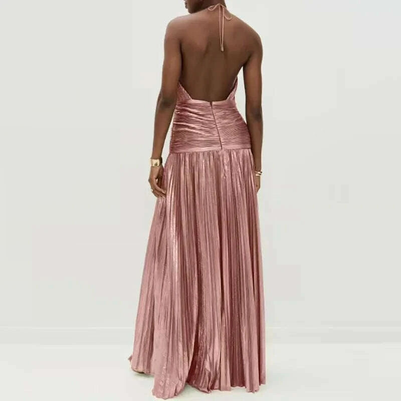 KIMLUD, Gold Sexy Halter High Split Gowns Evening Dress Woman Chic Solid Hollow Pleated Long Dress Spring Summer Backless Zip Maxi Dress, KIMLUD Womens Clothes