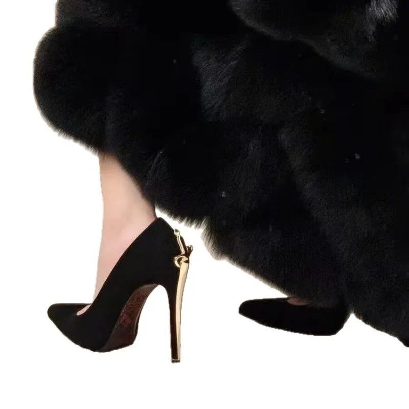 2026 Early New High Heels Women's Fine Heels Pointed Metal Swords Sexy Queen Black Lacquer Leather Single Shoes