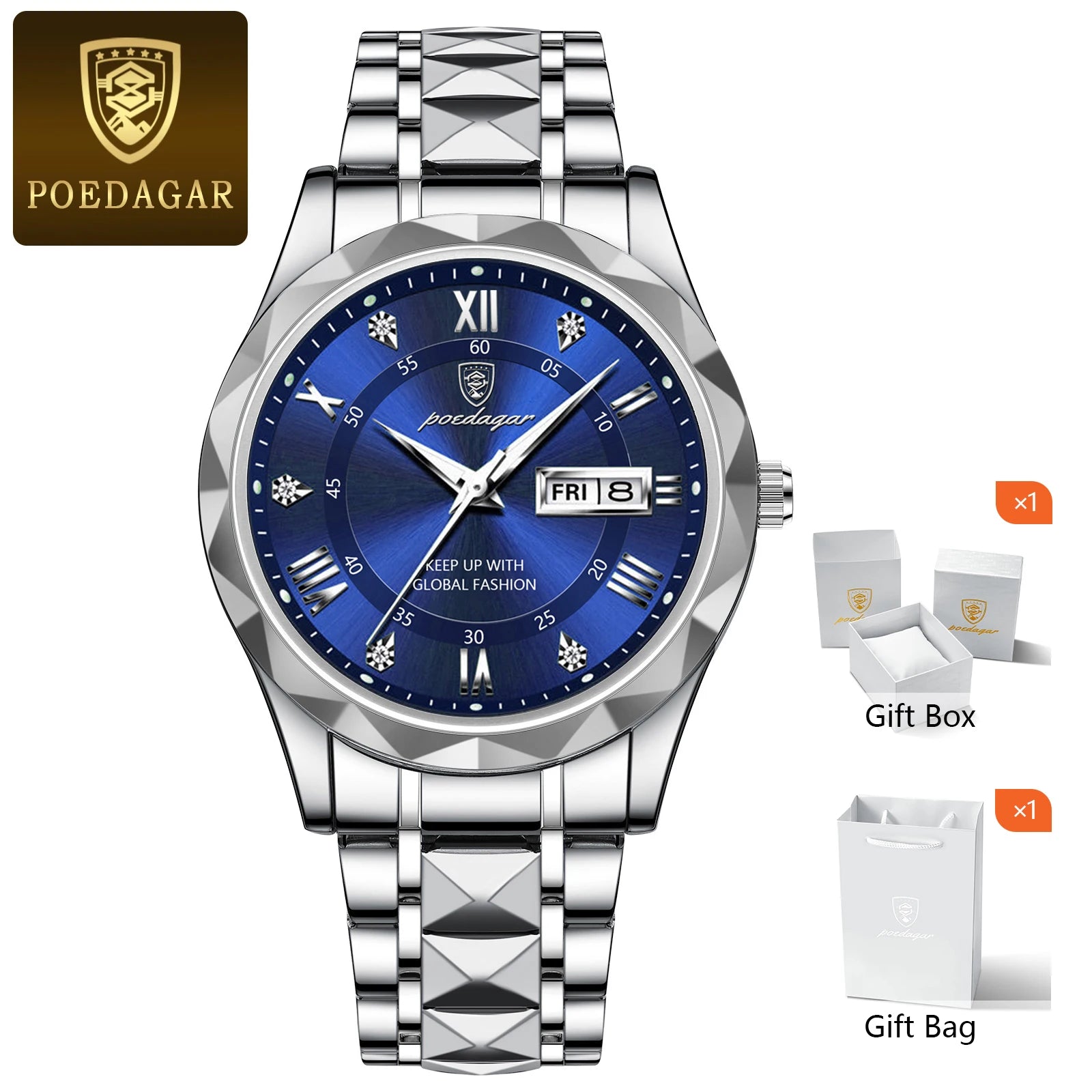 POEDAGAR Luxury Men's Watches Waterproof Luminous Date Week Watch For Man Stainless Steel Quartz Casual Men Wristwatch+Box Gift