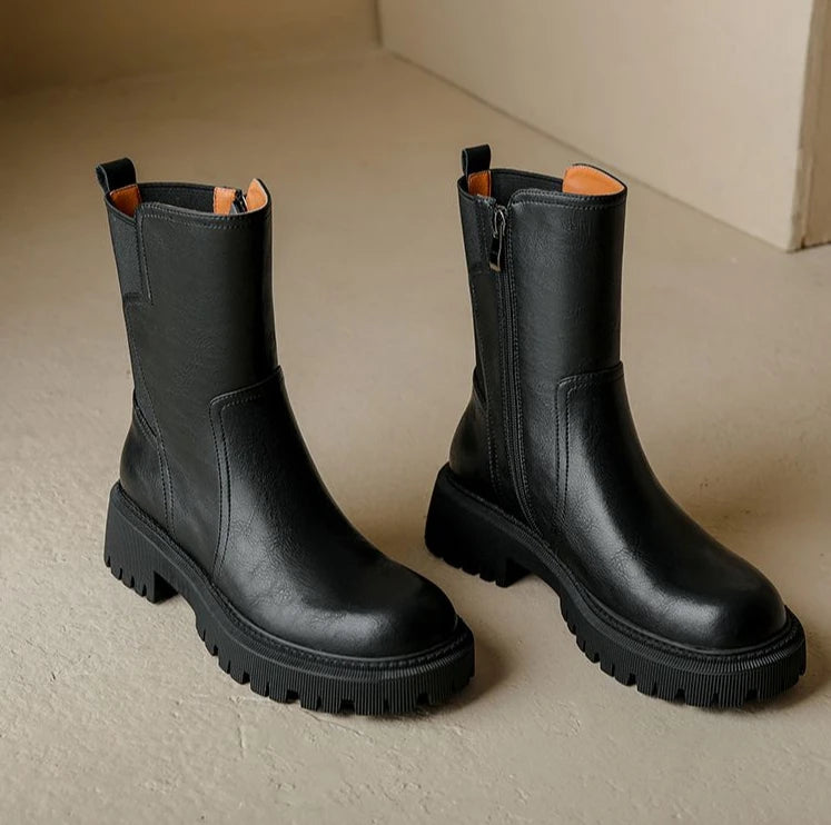 Women's Half High Boots Brown Round Toe Ladies Mid Calf Shoes Chelsea Flat Comfortable and Elegant Winter 2024 Novelty Cosplay