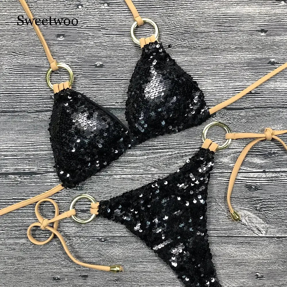 Sequin Bikini Set With Halter Neck — Emerald | KIMLUD