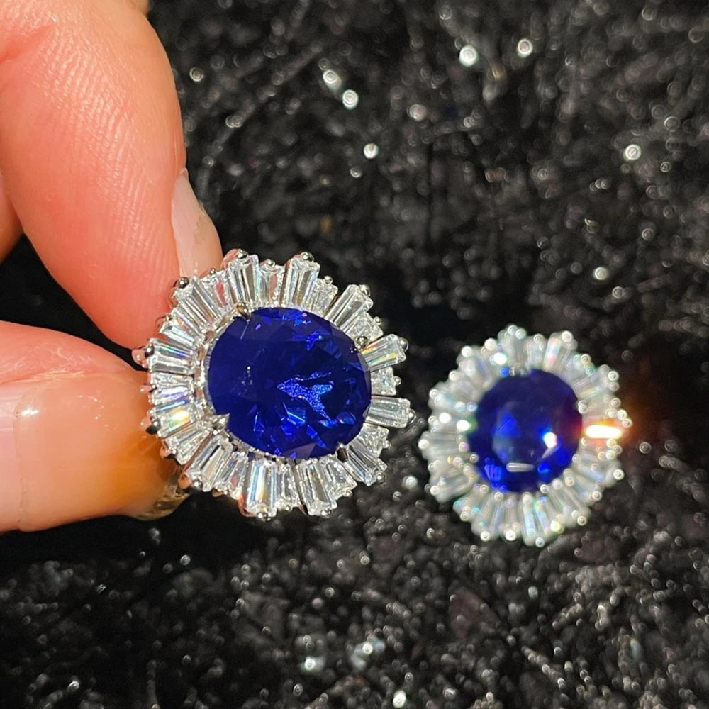 Sterling Silver Stud Earrings Oval Cut Sapphire Diamond — Blue | KIMLUD