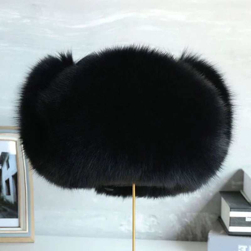Natural Raccoon Fur Hat Women Black Fox Fur Russian Ushanka Hats Winter Warm Ears Bomber Cap