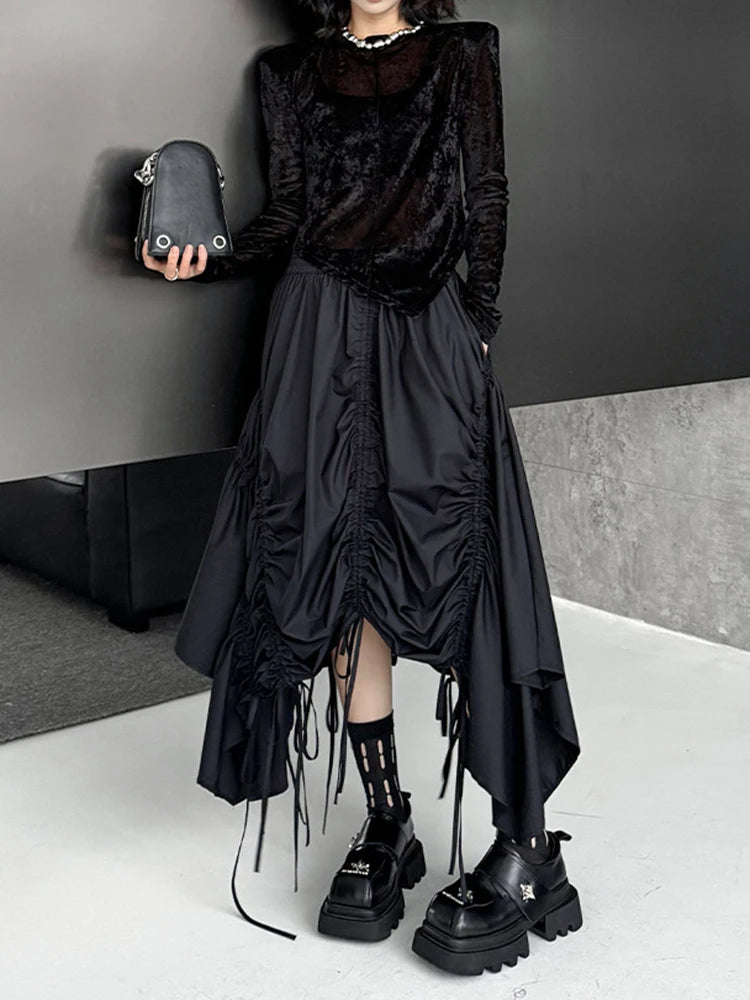 Skirt – Drawstring Waist – Irregular Hem – Cotton – Black | KIMLUD