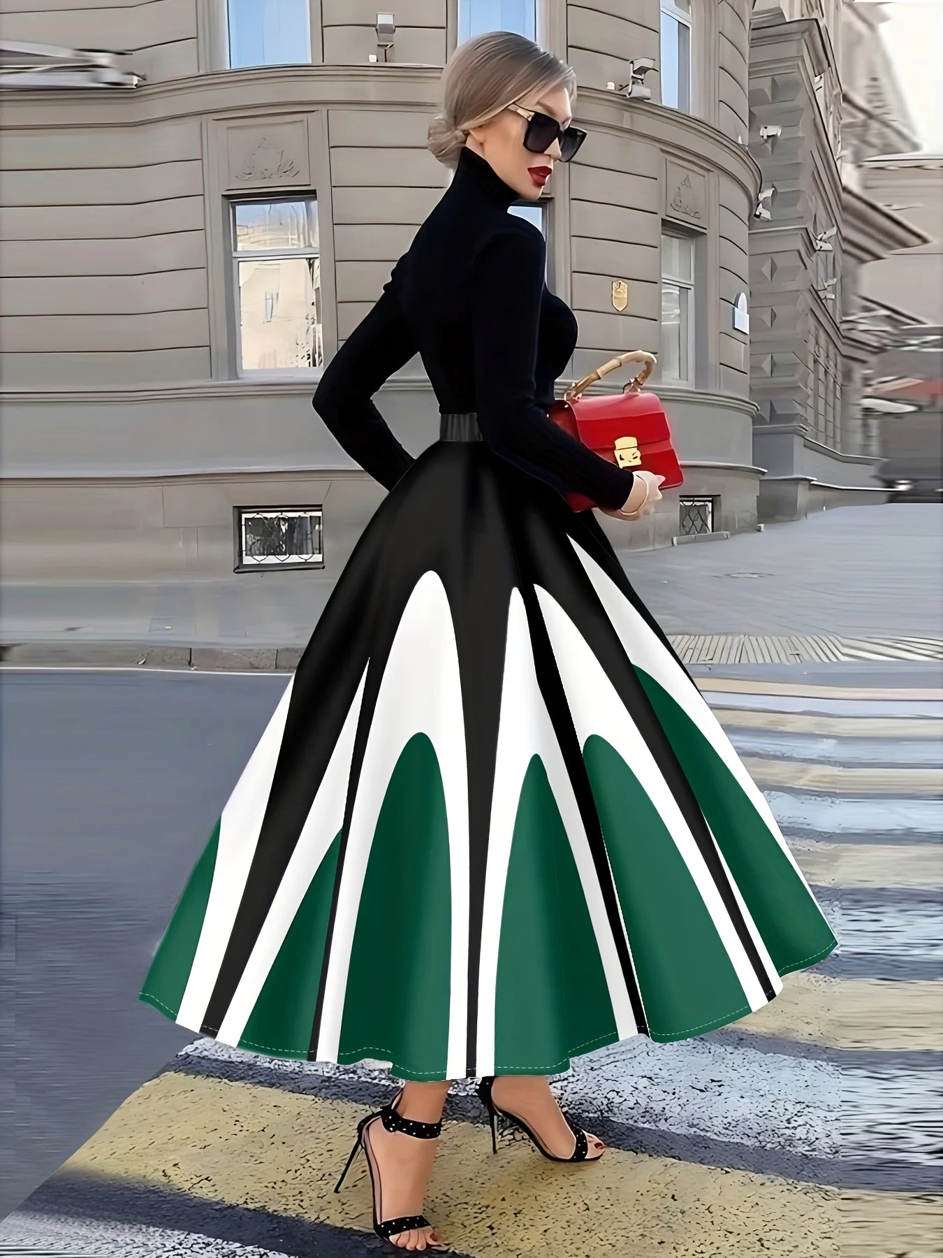 Skirt - Striped Pattern - Polyester - Black White Green Stripes | KIMLUD