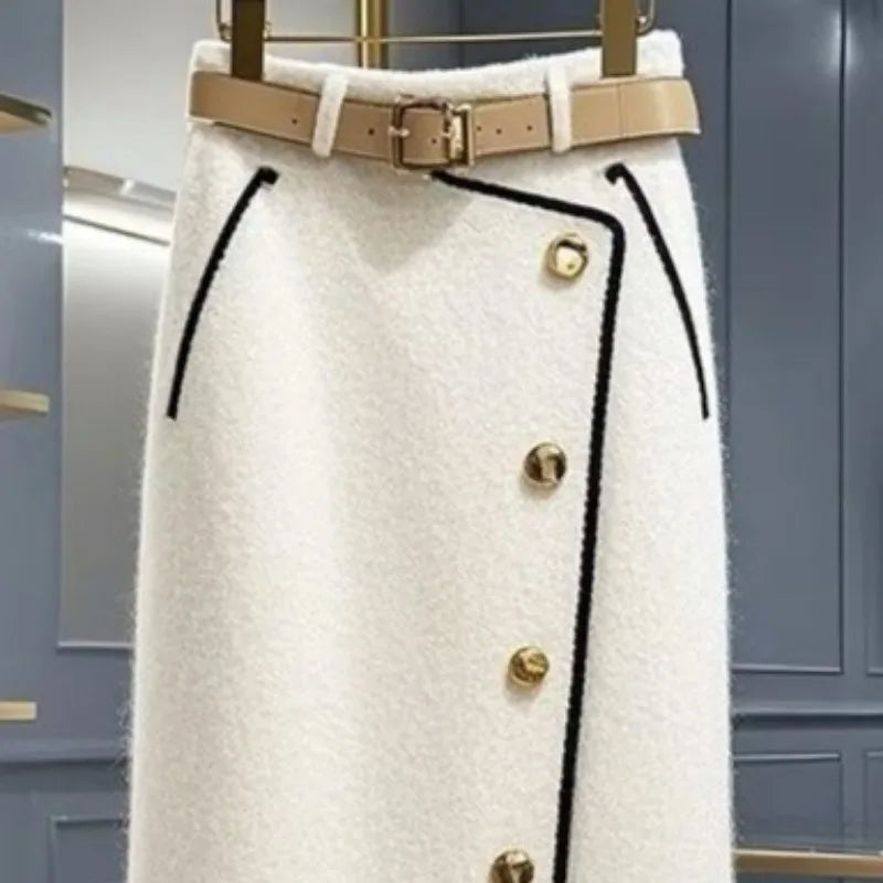 Matakawa Spring Autumn Women Skirts Contrast Color Korean Fashion Chic Faldas Mujer A-line Elegant Simple Sweet Long Skirt