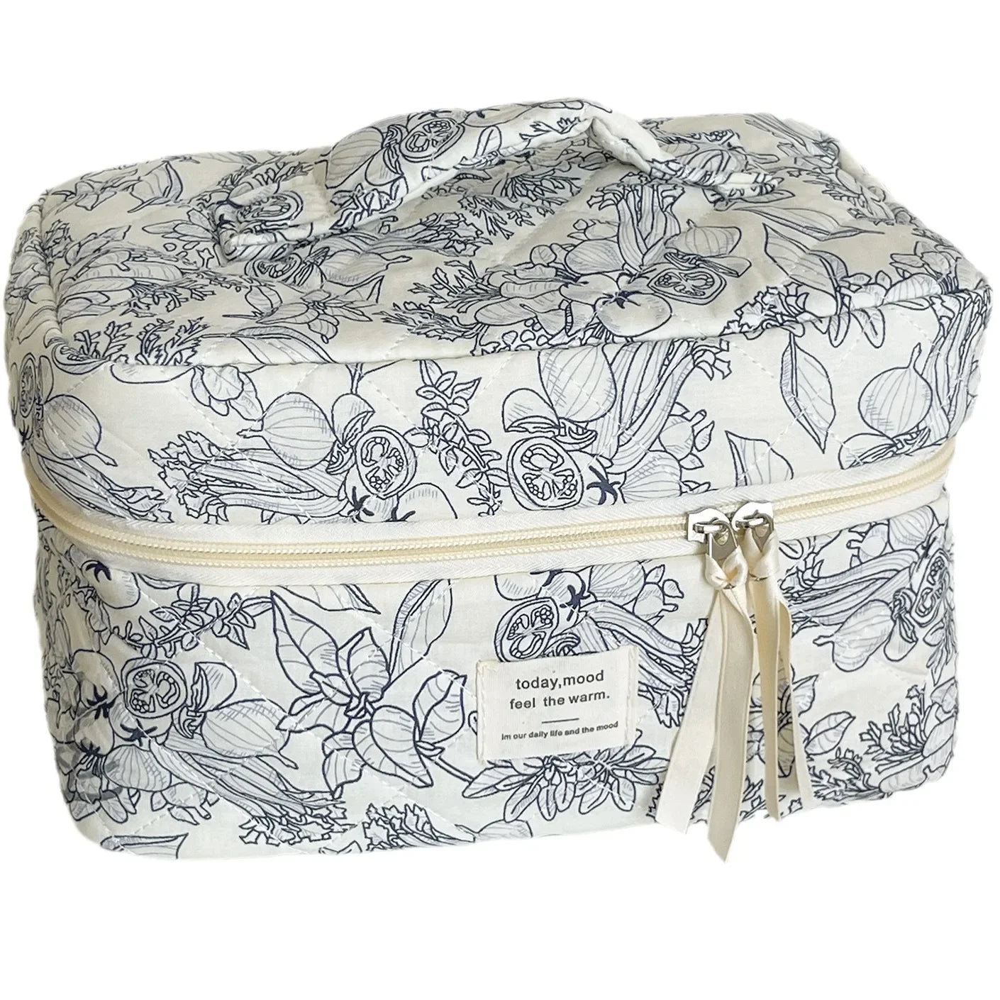 Women's Zipper Cosmetic Bag Organizer Flower Quilting Cotton Makeup Bag Female Cloth Handbag Portable Toiletry Case Girls Travel