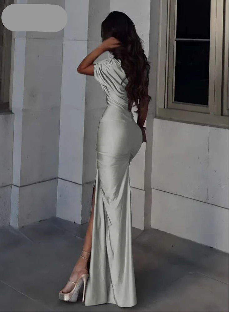 KIMLUD, Elegant Ruched Bodycon Dress - Asymmetric Collar Long Evening Dress, KIMLUD Womens Clothes