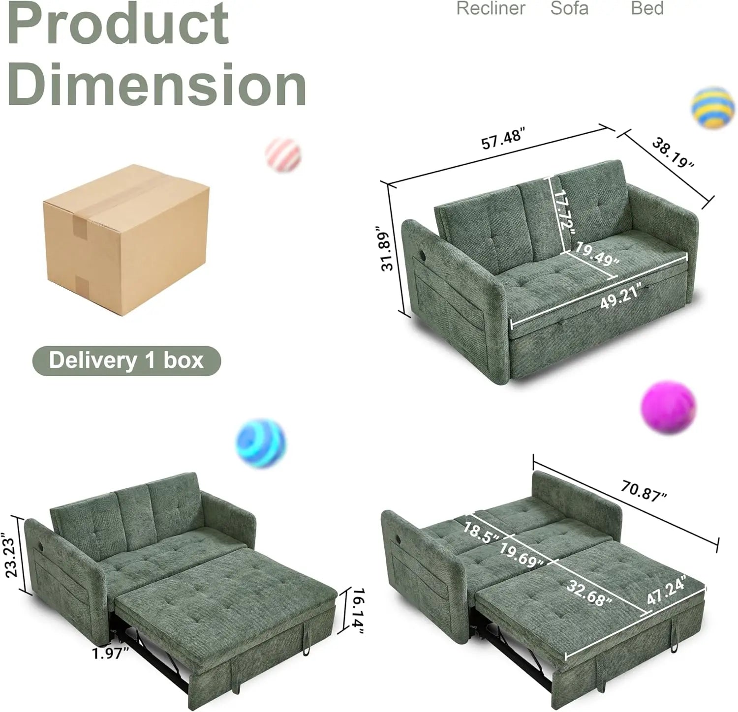 57.48' Convertible Sofa Bed with Cup Holder, Pull Out Sleeper Sofa Bed with USB Charging Ports