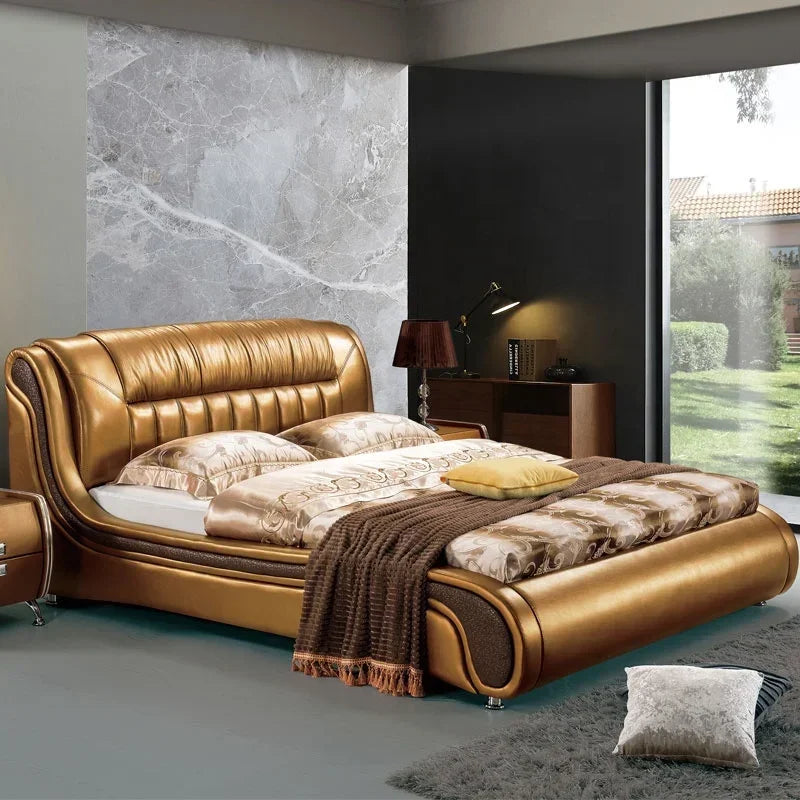 A Neueste design Schlafzimmer set möbel Gold farbe könig größe doppel bett Moderne europäische modische weiche betten Leder bett