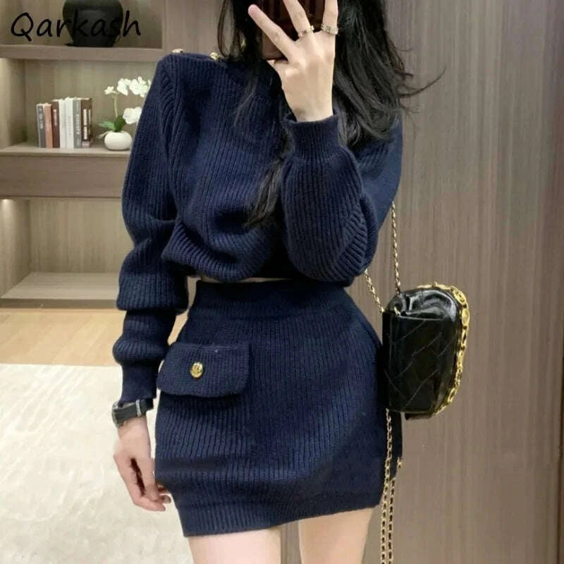 Navy Blue Dress Sets for Women Long Sleeve Tops Knitted Mini Skirts Po Navy Blue Dress Sets for Women Long Sleeve Tops Knitted Mini Skirts Po