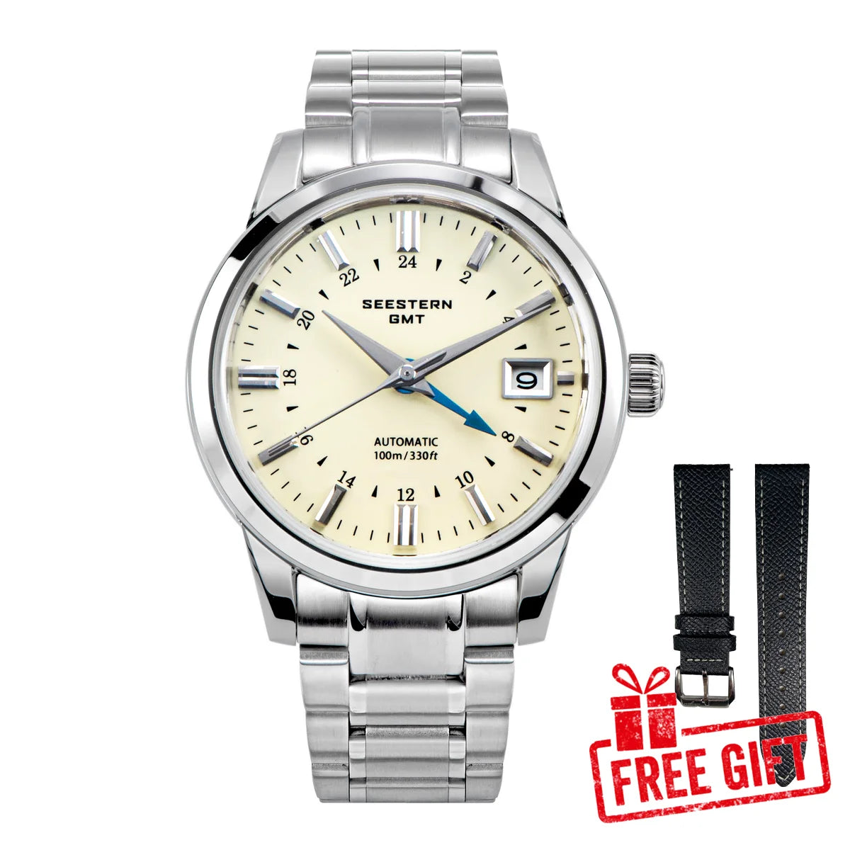 SEESTERN S446 Men Watch Automatic Mechanical Wristwatches NH34 GMT Movement 100m Waterproof Domed Sapphire Crystal Clock Limited
