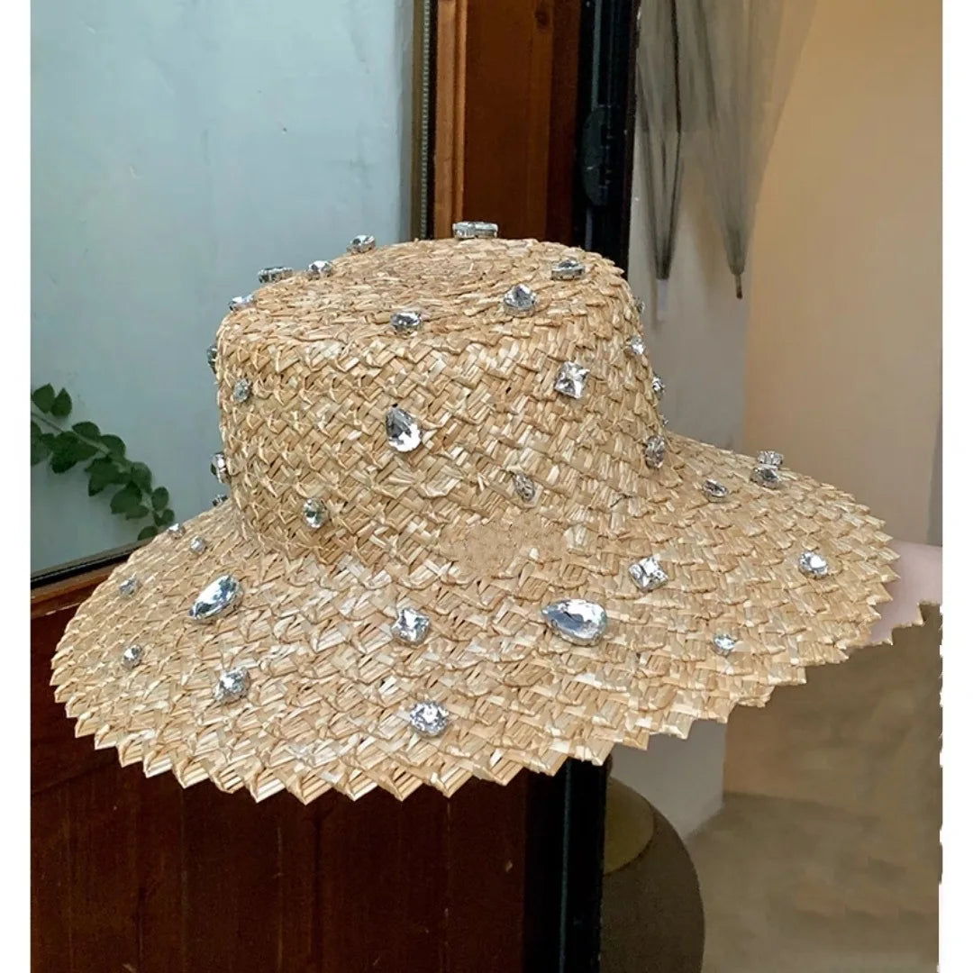 Pineapple Pattern Natural Straw Sun Hat Hand Sewn — Natural | KIMLUD