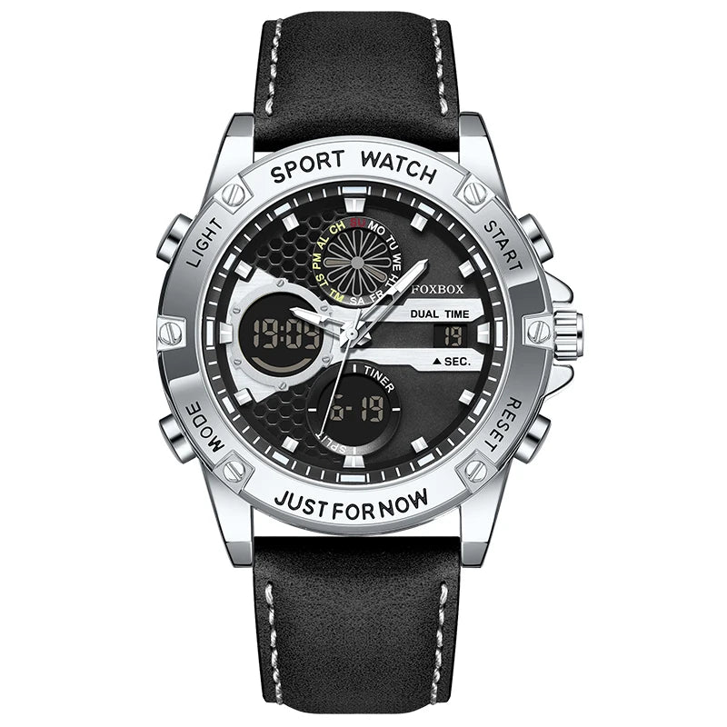 FOXBOX Fashion Men's Luxury Watch Leather Strap Quartz Watches Business Dual Display Waterproof Date Chronograph Man Watch+Box