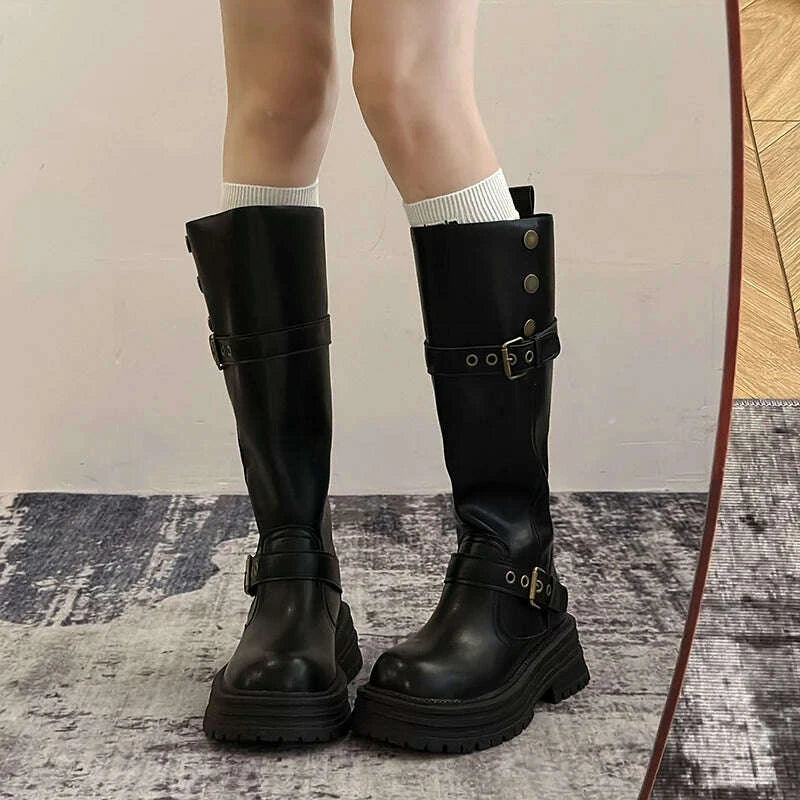 KIMLUD, Winter Vintage Platform Thick Sole Woman Knight High Boots Concise Belt Buckle Front zipper Shoes Ladies Slim Modern Long Botas, KIMLUD Womens Clothes