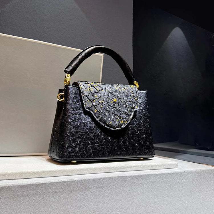 Leather Crossbody Bag Ostrich-Print — Black | KIMLUD