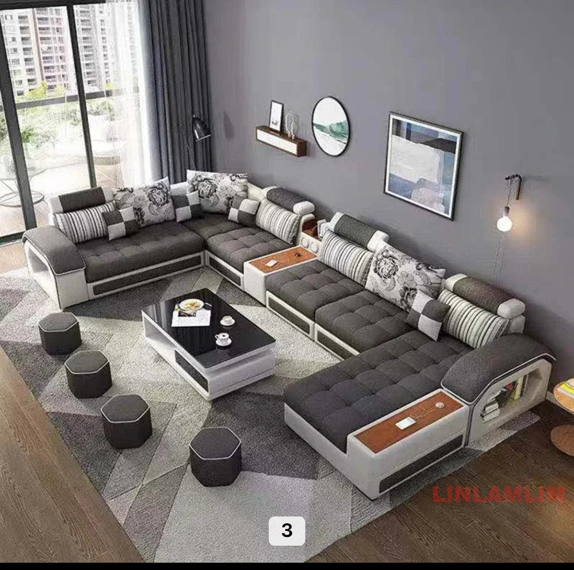 U-Shaped Sectional Fabric Sofa With Storage And Built-In Side Table — Gray | KIMLUD