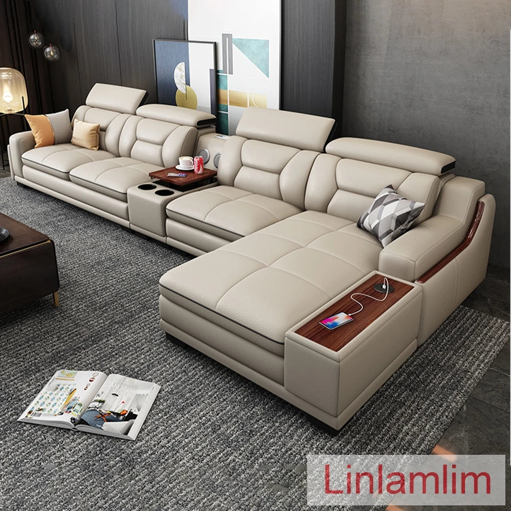 Italian Genuine Leather Sofa Featuring Bluetooth Speaker — Slate Gray | KIMLUD
