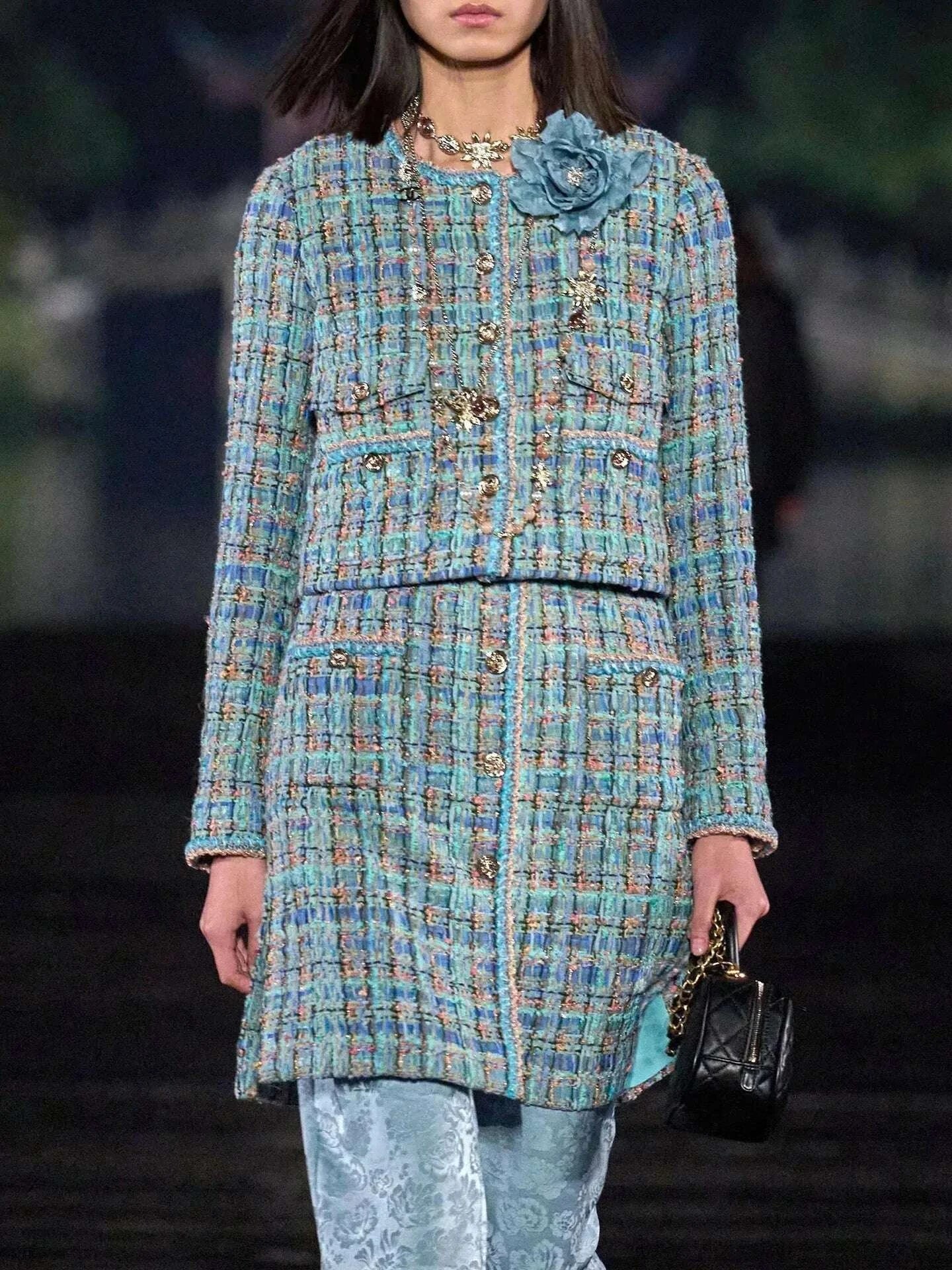 KIMLUD, 2025 New French Lady Blue Green Tweed round Neck Single Button Small Fragrance Style Jacket Vest Dress Set Casual Suit, KIMLUD Womens Clothes
