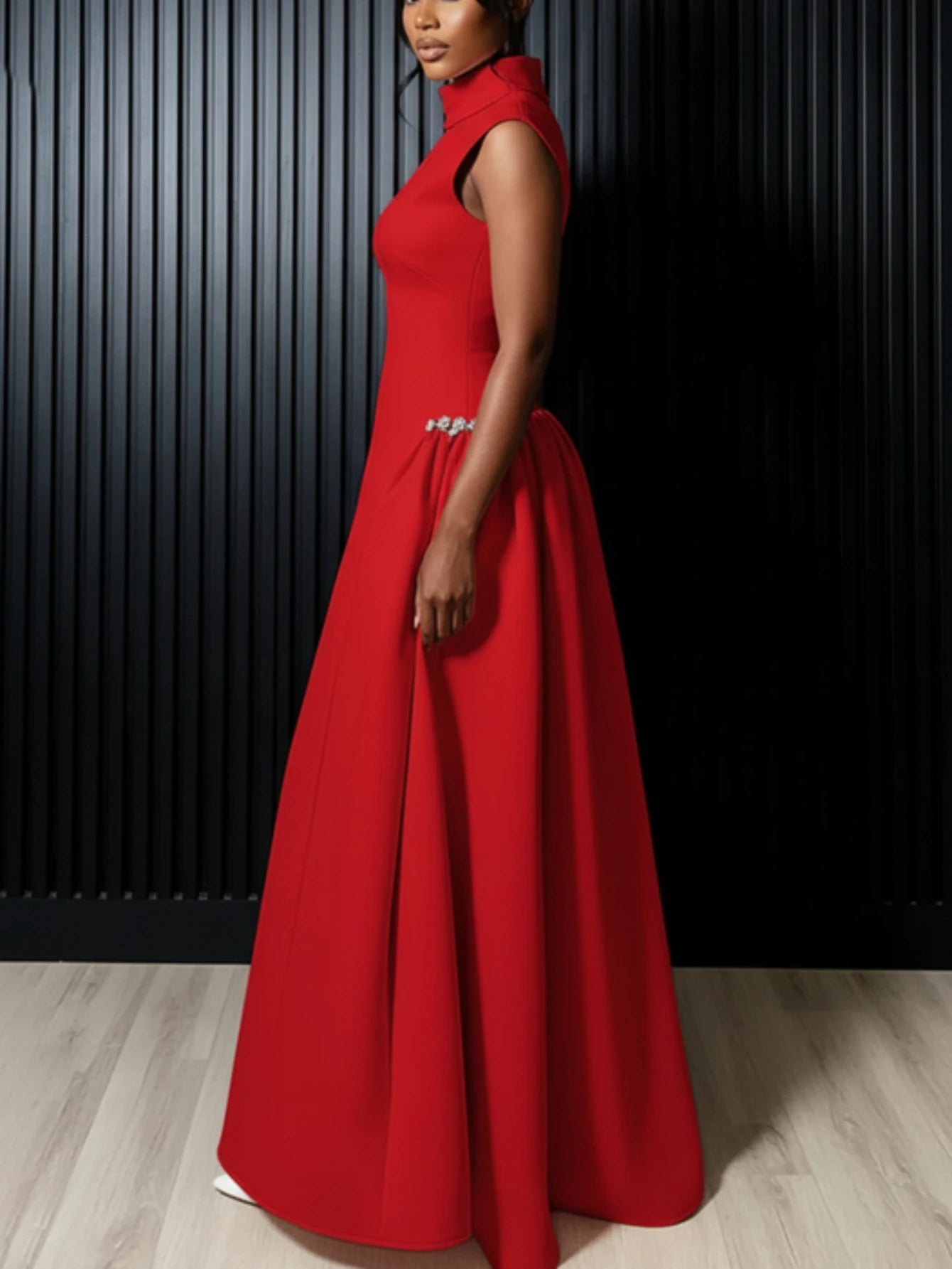 Women High Neck Sleeveless Fitted Floor Length Maxi Dress With Side Flared Detail For Formal Gala Wedding And Evening Party Occasion