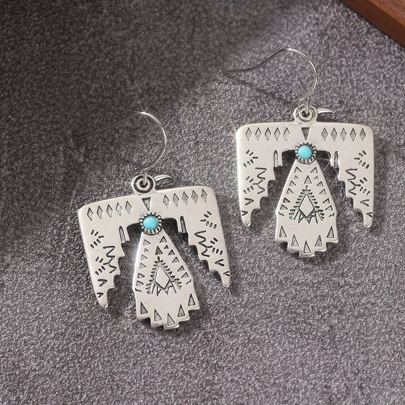 Ethnic Silver Color Imitation Turquoise Eagle Dangle Women's Earrings Geometry Party Daily Wear
