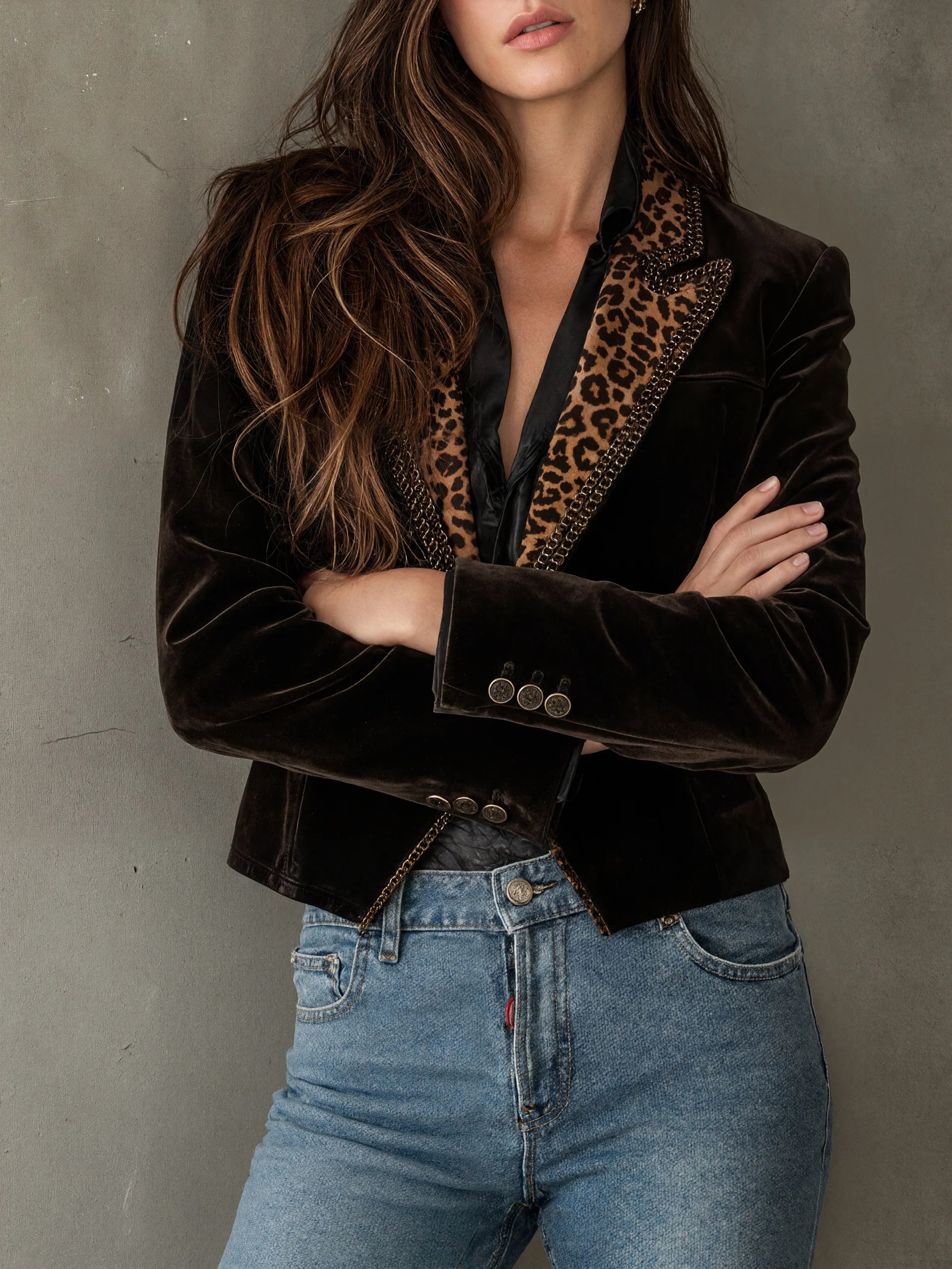 Leopard Jacket for Women Short Coat Notched Collar Velvet Slim Single Button Vintage Elegant Office Lady Autumn Fashion 2025