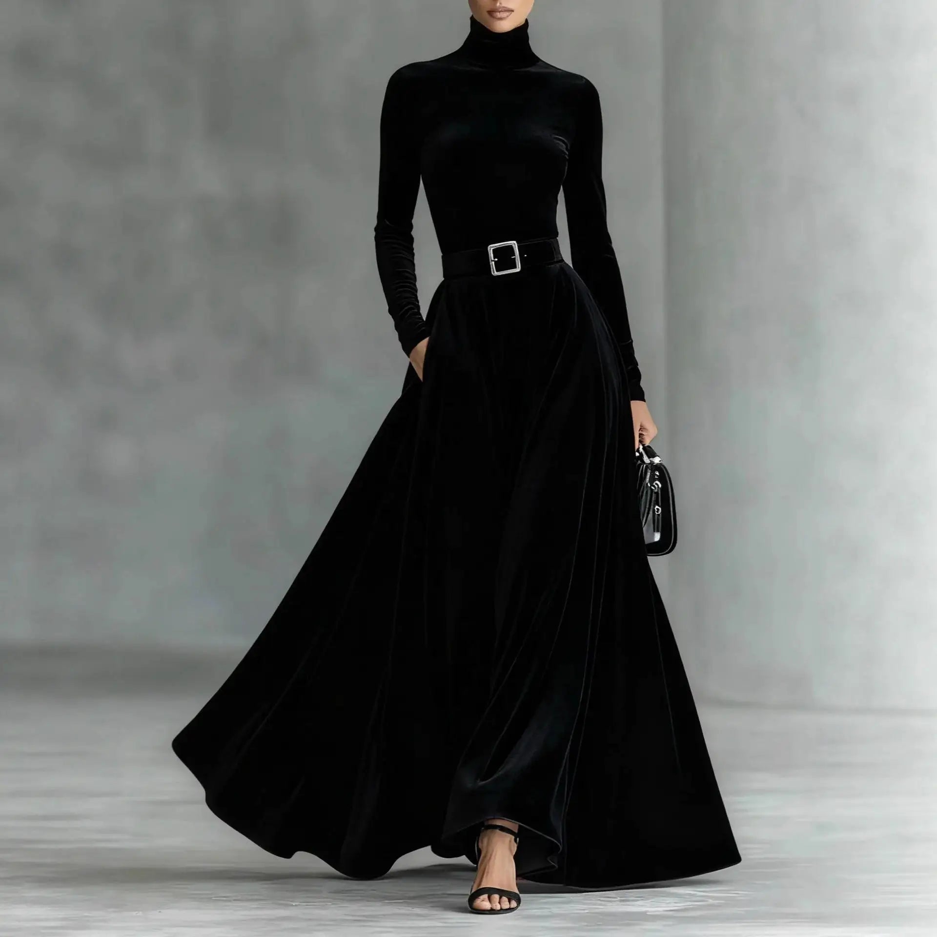 Velvet High Collar Base Dr Evening Gown mid Waist Long Skirt Ci Commute Sle Autumn Season Women's Faion Single Piece