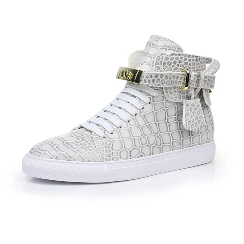 High Top Sneakers – Gold Buckle – Crocodile Pattern Leather | KIMLUD
