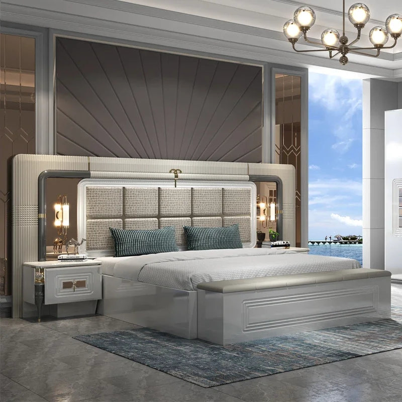 A Luxury Home Wood Frame Double King Size Bed Room Suite Lighted Headboard Full Set Modern Wooden Furniture Bedroom Sets