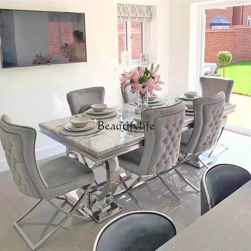 Marble Top Dining Table Set Rectangular Modern Design With Stainless Steel Frame And Four Chairs — Silver | KIMLUD