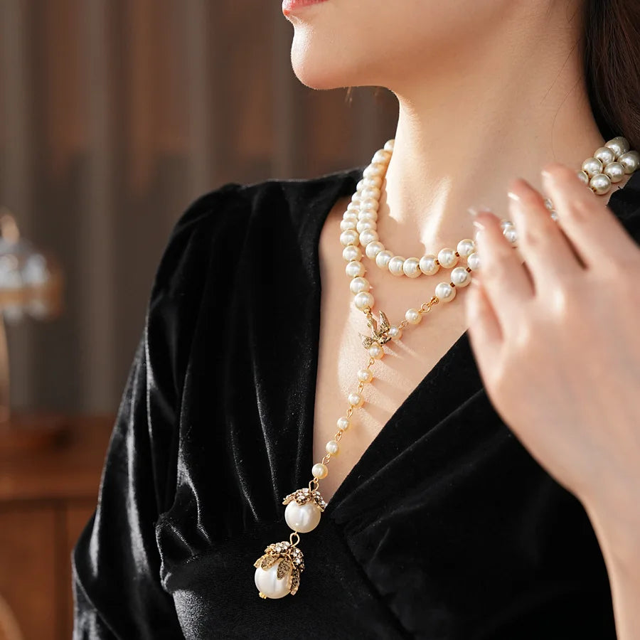 Little Bird French Imitation Pearl Pendant Necklace Flower Inlaid Rhinestone Adjustable Necklace Fashion Woman Party Jewelry N1