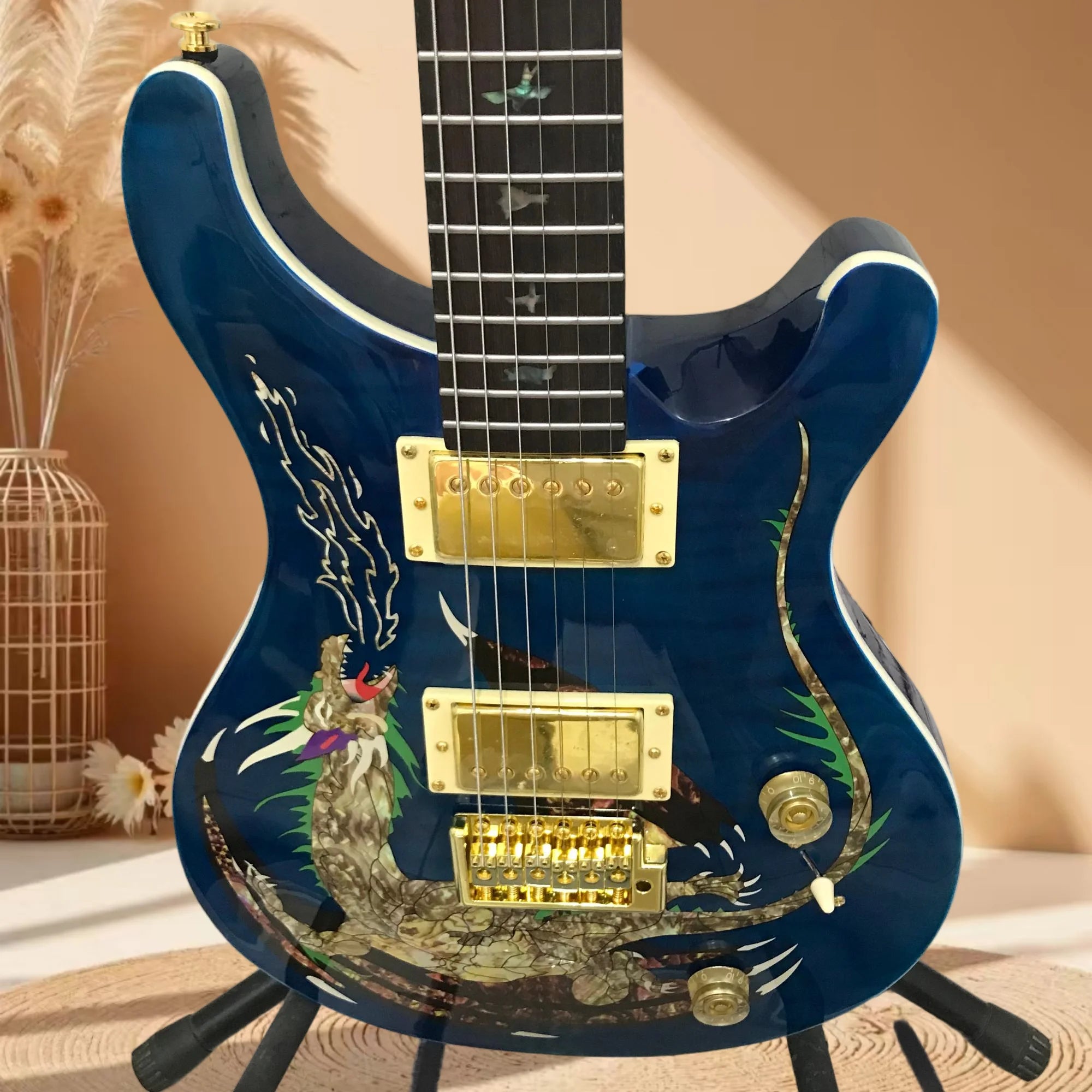 Mahogany Body Dragon Inlay Electric Guitar — Blue | KIMLUD