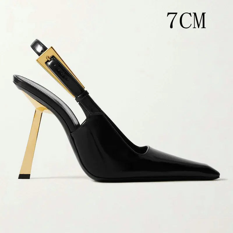 2024 New Summer French Pointed Patent Leather Fine Heel Overhead Sandals for Women Retro Skinny Heel Shoes