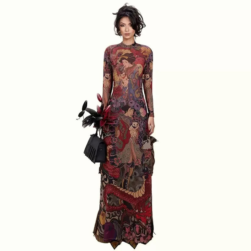 Mesh Maxi Top With High Collar Plant Print Open Split And Sheer Overlay — Black | KIMLUD