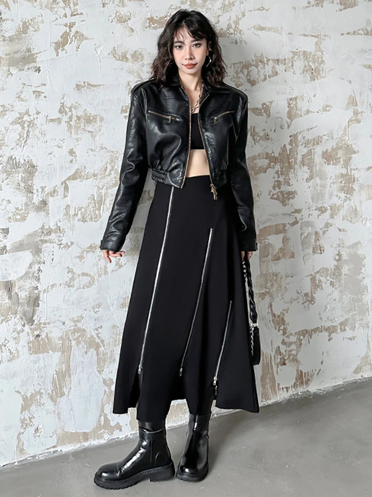 Skirt – High Elastic Waist Zipper A-Line Split – Jersey – Black | KIMLUD