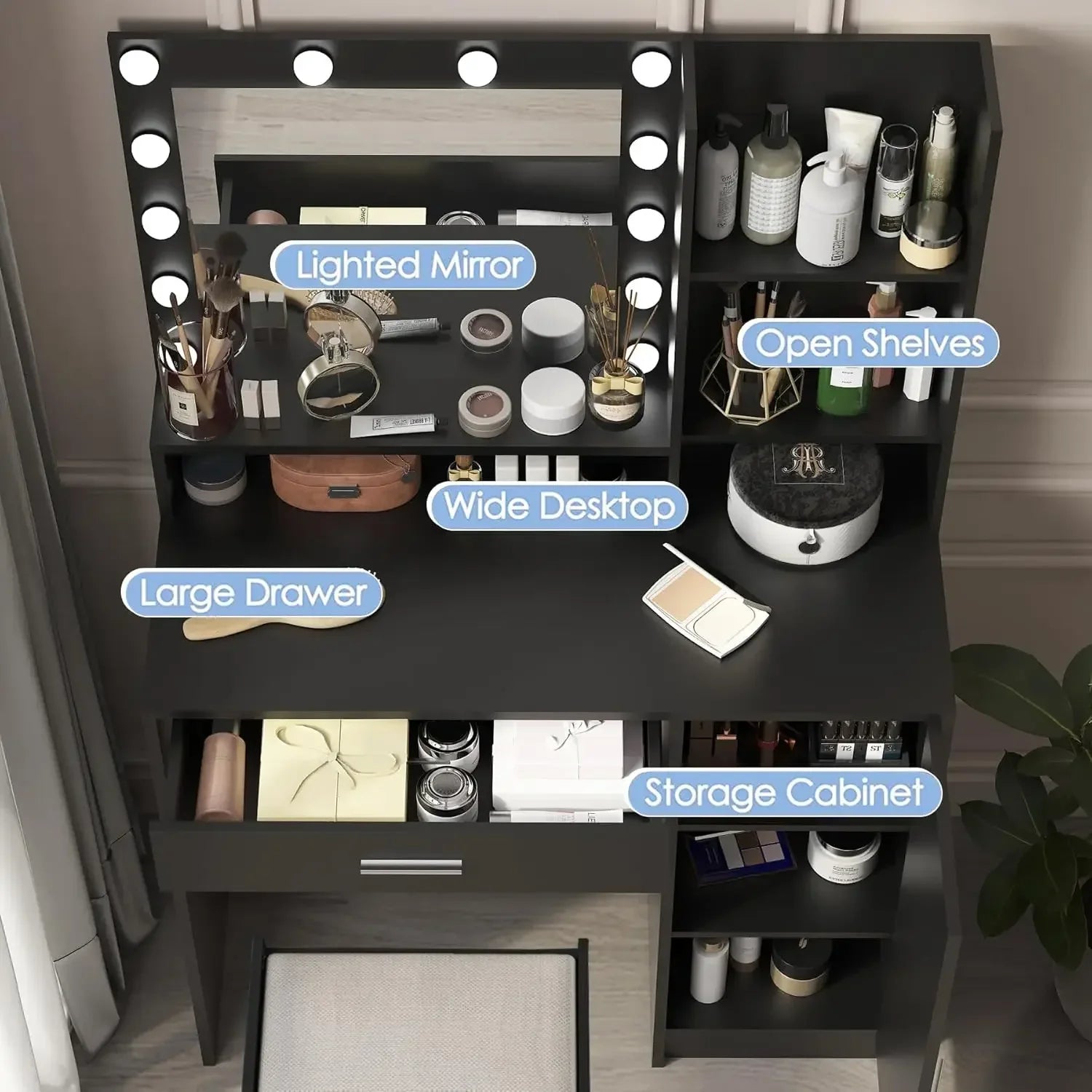 Vanity Desk with Mirror & Light, Large Drawer & Three Level Storage Dresser, Bedroom Dressing Table (Black with Stool)