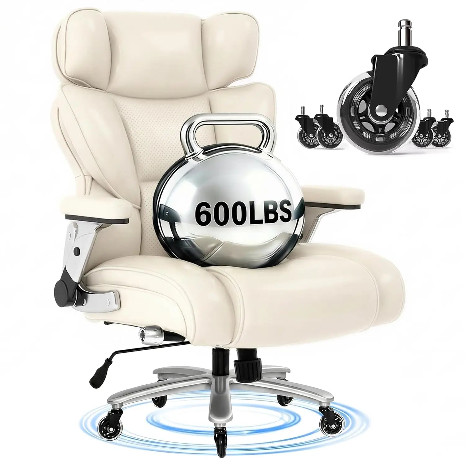 Leather and Steel Office Chair 600lbs Capacity with 2D Lumbar — Black | KIMLUD
