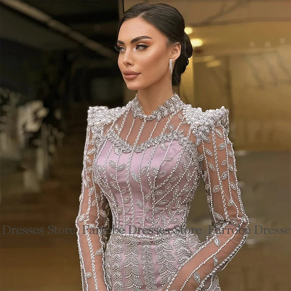 Luxury Dresses for Party Satin Sheath/Column Celebrity Dress Taro Pur High Collar Beads Side Split Evening Dress Long 2025