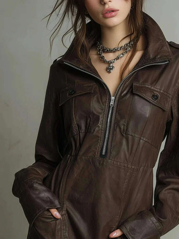 KIMLUD, Women's Faux Leather Dress Long Sleeve Half Zip Up High Collar Mini Dress with Pockets Casual Party Streetwear Autumn Outfits, KIMLUD Womens Clothes