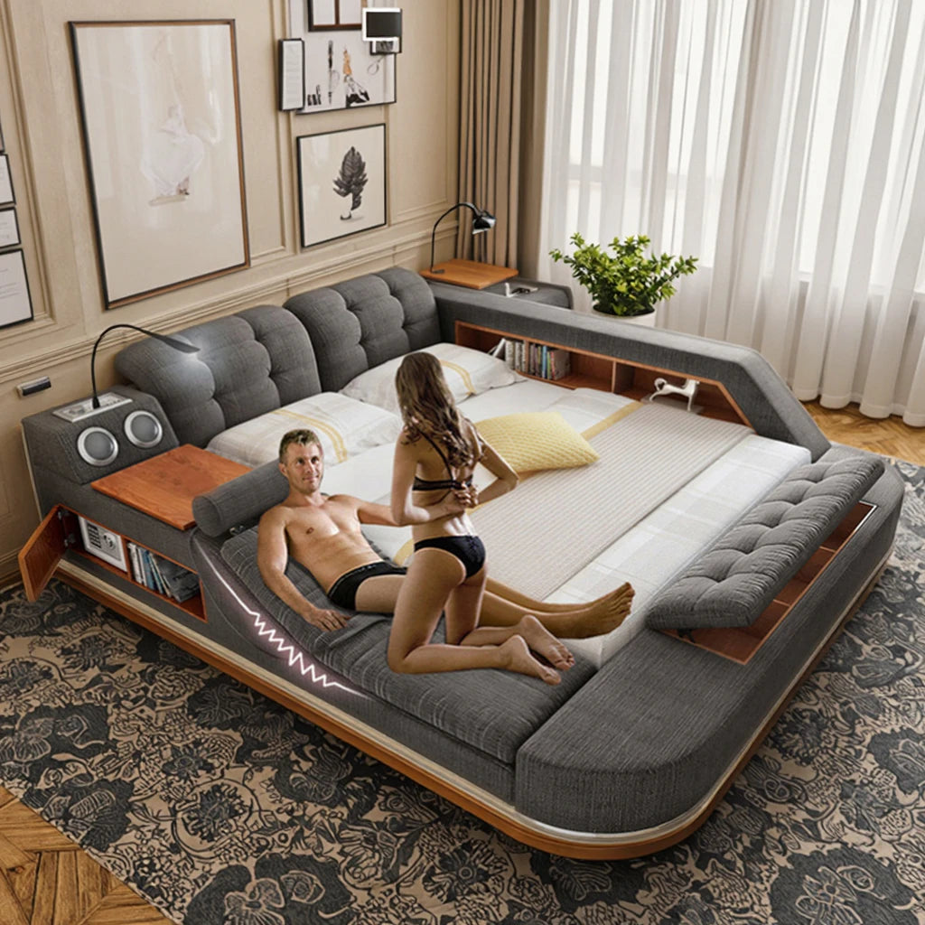 USB LED Wood Massage Bed Sets Smart King Size New Bedroom Furniture with Storage Queen Double Size Mattresses Bedroom Bed Set