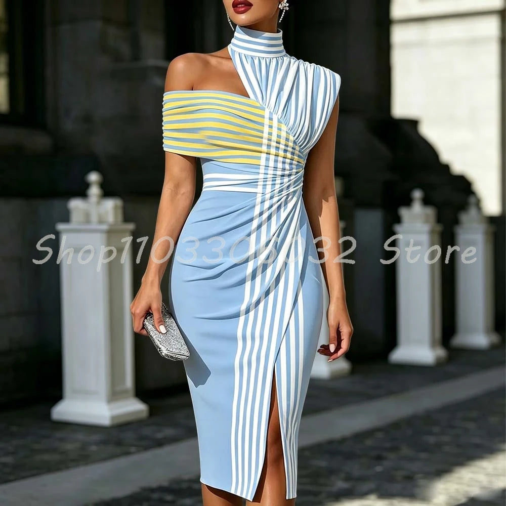 Color Block Striped Women's High Neck One Shoulder Off Shoulder Bodycon Slit Dress for Party Date Night Outfit