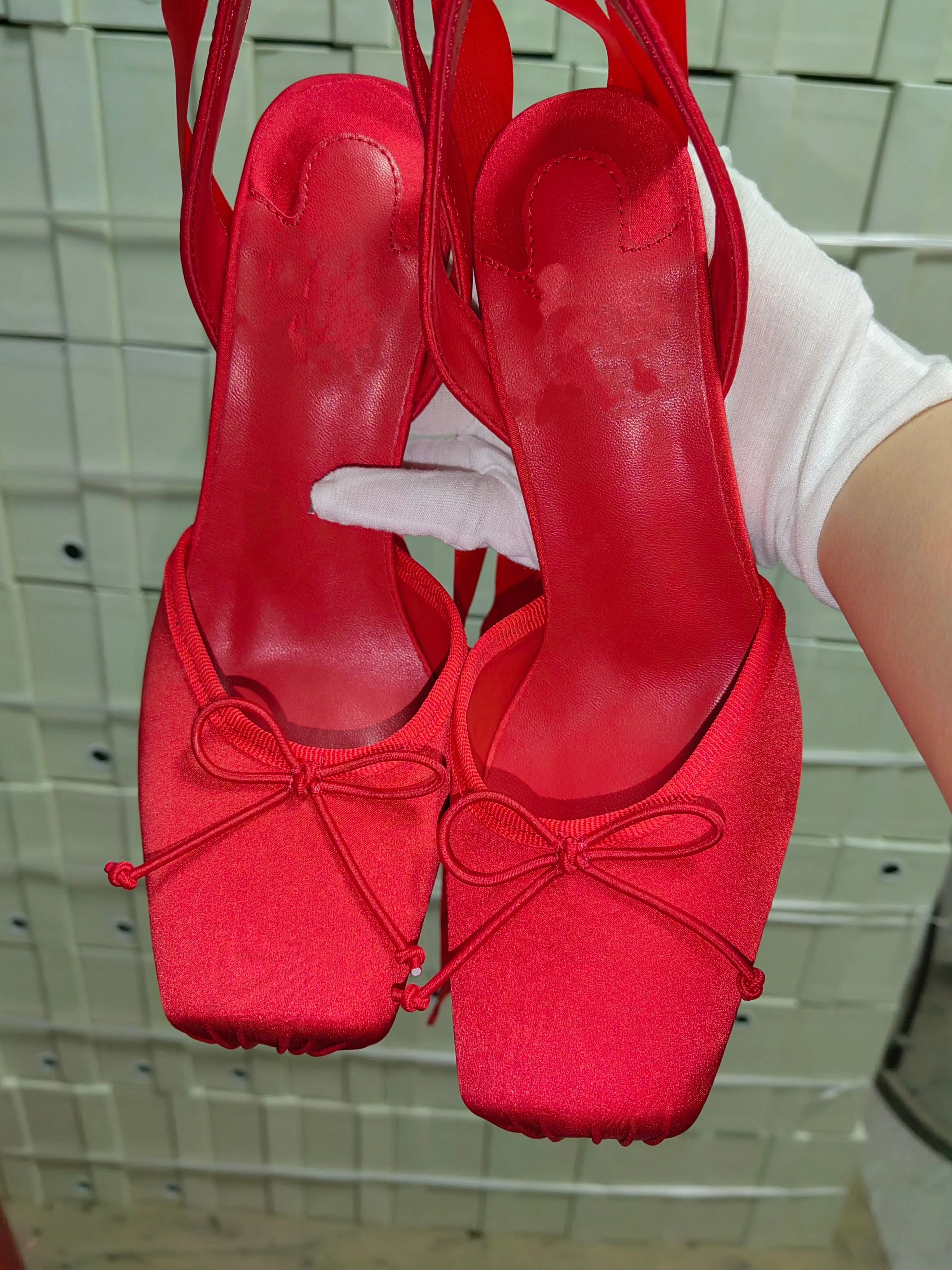 New ballet red soled high heels satin ribbon French bow women's shoes rose red cross strap sandals