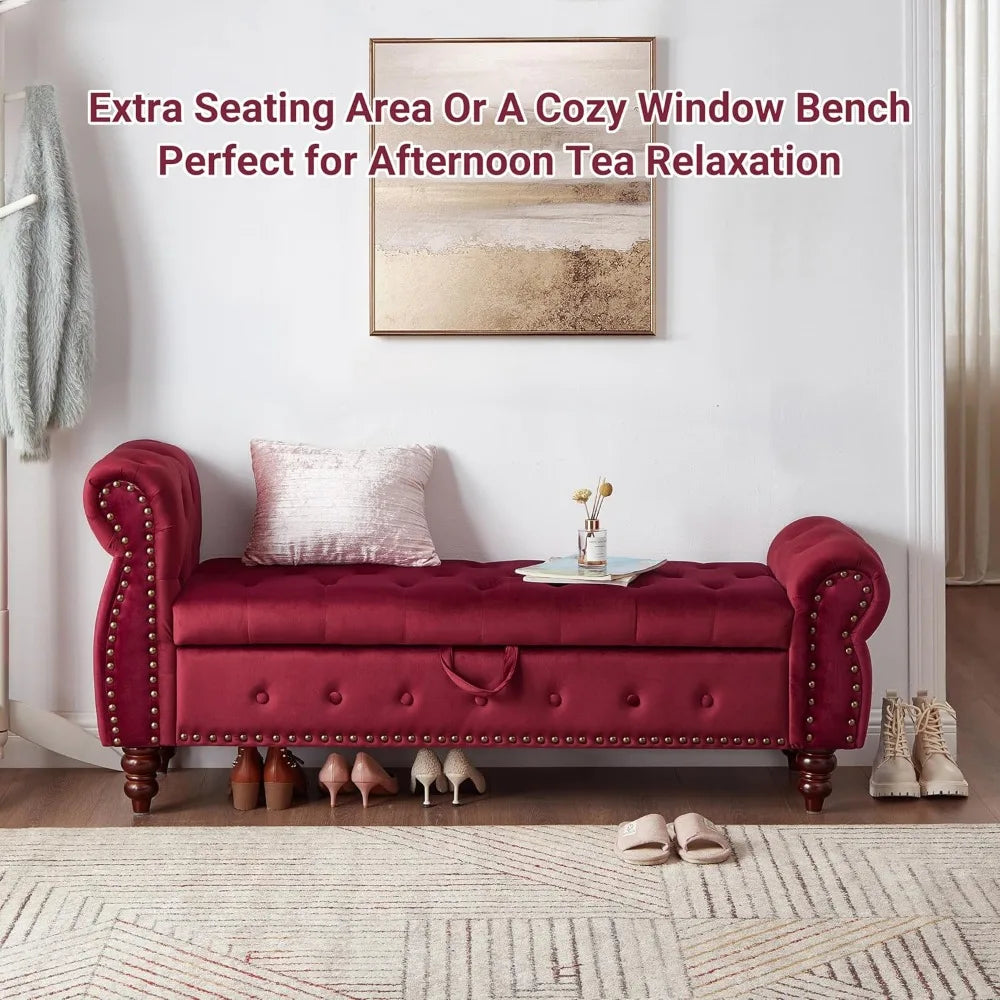 Velvet Storage Bench, End of Bed Storage Bench with Rolled Armrest, Entryway Ottoman with Nailhead Trim and Button Tufting, Stor
